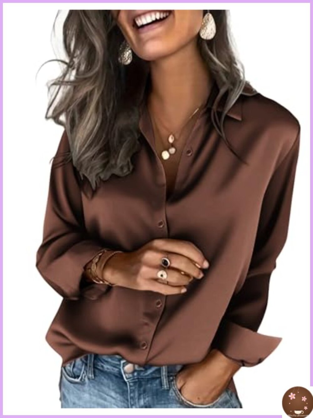 Satin Button Down Shirt Long Sleeve Blouse Women Silk-like Top